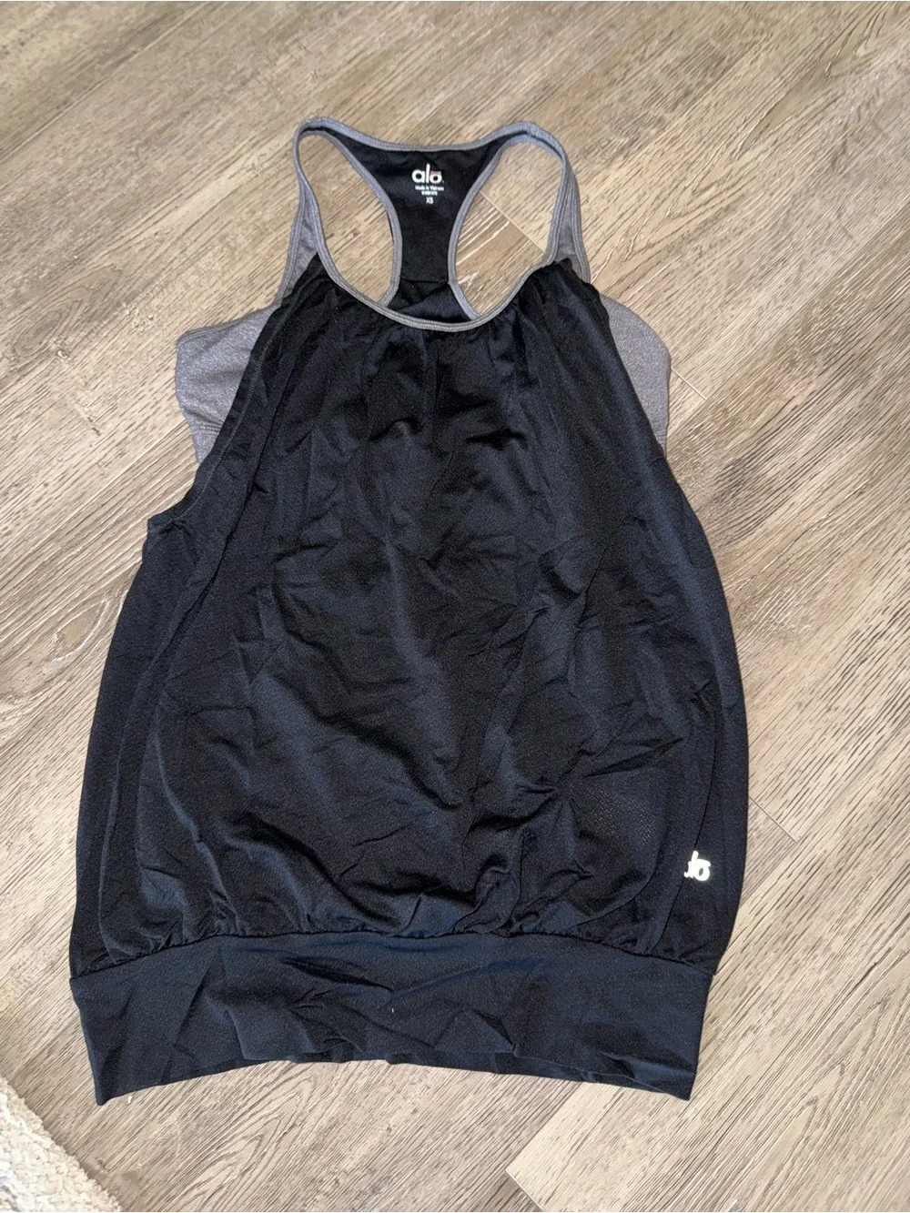 ALO Yoga layered 2-n-one Workout Black Tank with Gray Trim Racerback
